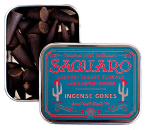 Incense cones in a tin labeled 'Saguaro' with cactus design on a white background