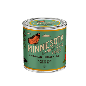 Can with Minnesota-themed label featuring a butterfly illustration on a white background