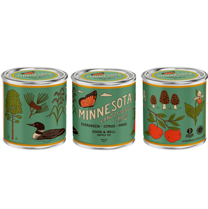 Three cans with Minnesota-themed labels on a white background