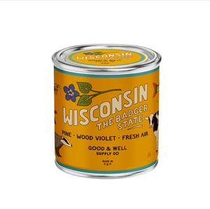 Can with 'Wisconsin The Badger State' label on a white background