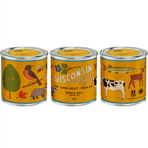 Three cans with Wisconsin-themed illustrations on a white background