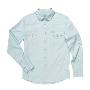 Light blue button-up shirt with two pockets on a white background