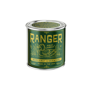 Green candle canister with 'Ranger' branding on a white background