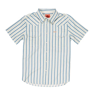Short-sleeve shirt with blue and white pattern on a white background