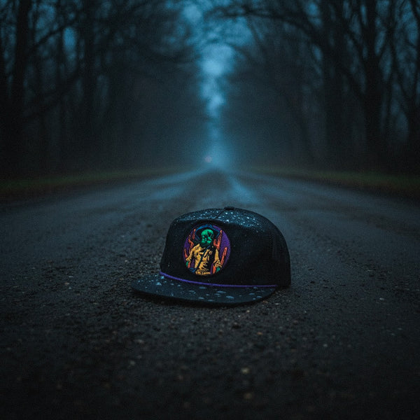Black cap with colorful design on a dark, foggy road