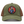 An olive green trucker cap with brown mesh side panels and a circular embroidered patch on the front featuring a cowboy skeleton on a red background.