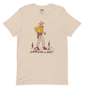 Beige t-shirt with a cowboy graphic and 'Long Live the West' text on a white background