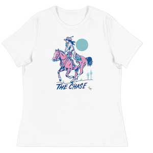 White t-shirt with a graphic of a person on a horse and 'The Chase' text on a white background