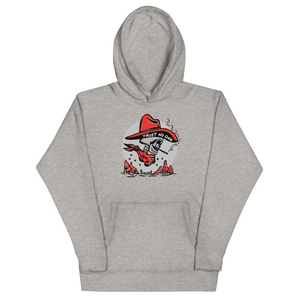Gray hoodie with a graphic design on a white background