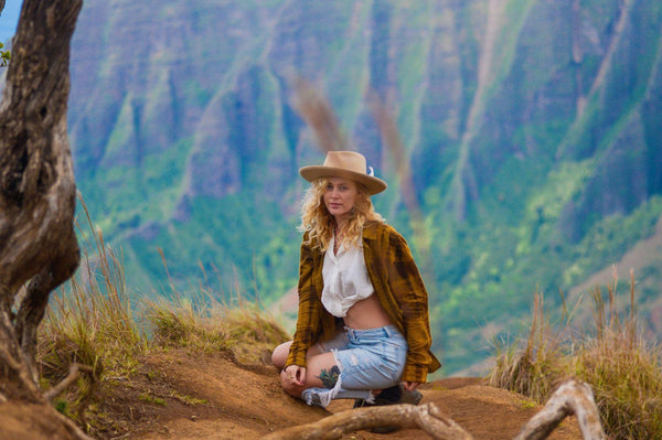 Woman modeling a Miss Ellie western hat in Hawaii