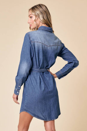 Woman wearing a blue denim dress and brown cowboy hat on a beige background