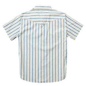 Short-sleeve shirt with blue and white pattern on a white background