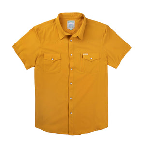 Yellow short-sleeve shirt with button details on a white background