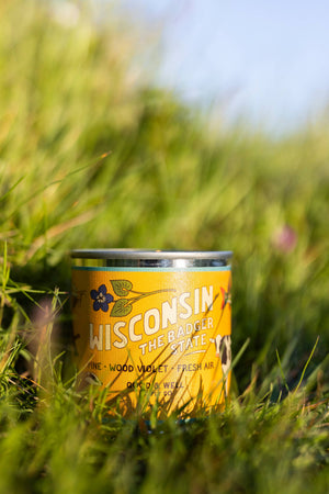 Yellow can with 'Wisconsin' branding in a grassy field